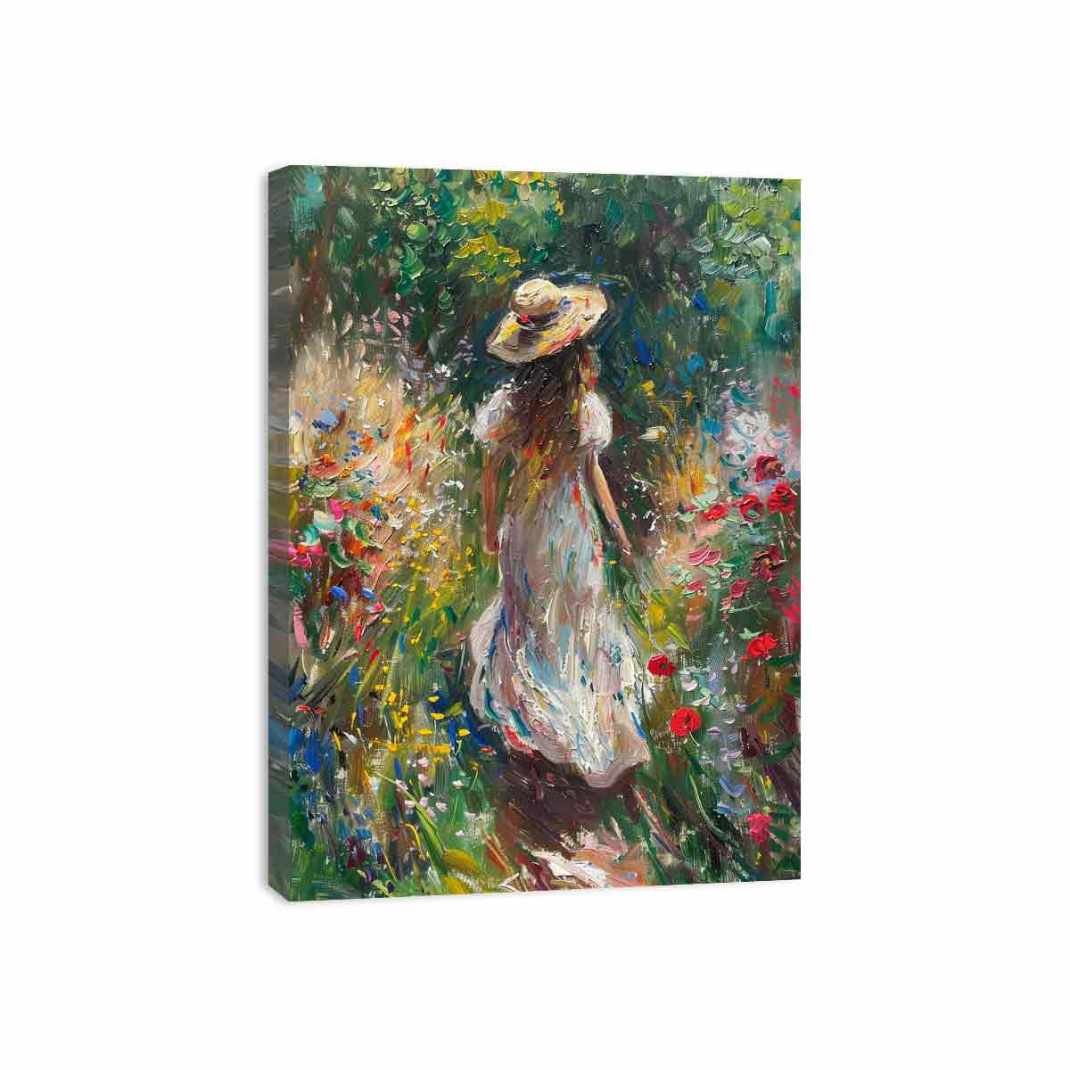 Woman walking through flower garden canvas art for romantic vertical bedroom decor.
