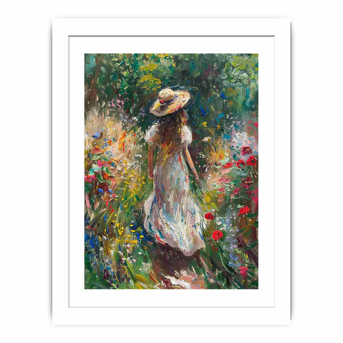 Woman walking through flower garden canvas art for romantic vertical bedroom decor.