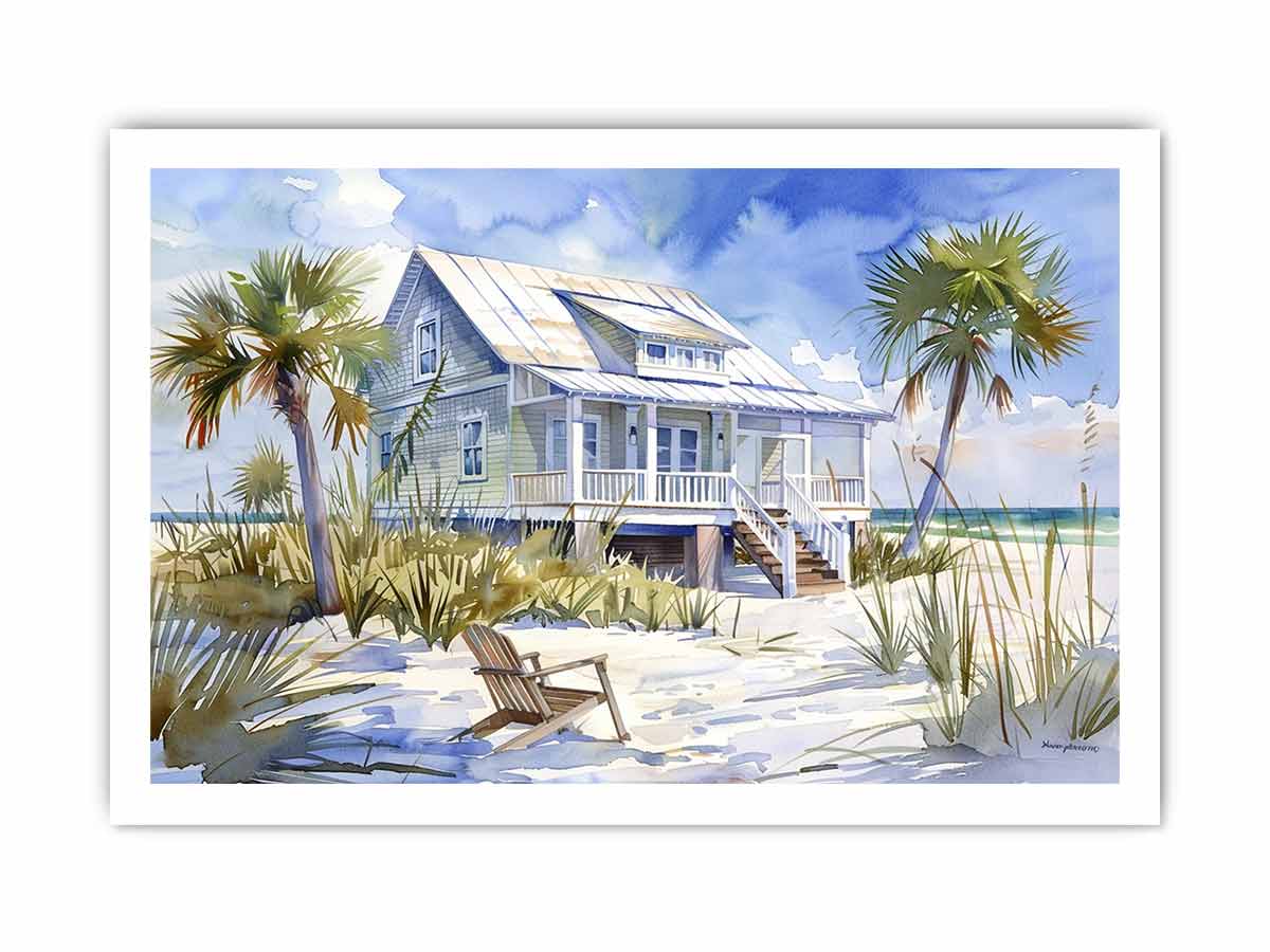 Watercolor beach house canvas art with palms for coastal living room decor.