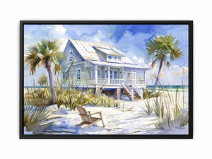 Watercolor beach house canvas art with palms for coastal living room decor.
