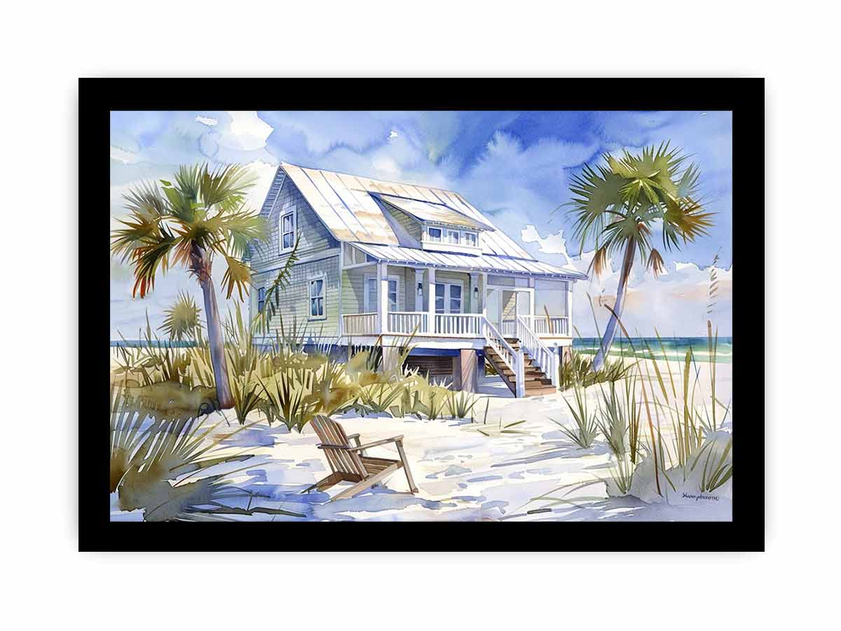 Watercolor beach house canvas art with palms for coastal living room decor.