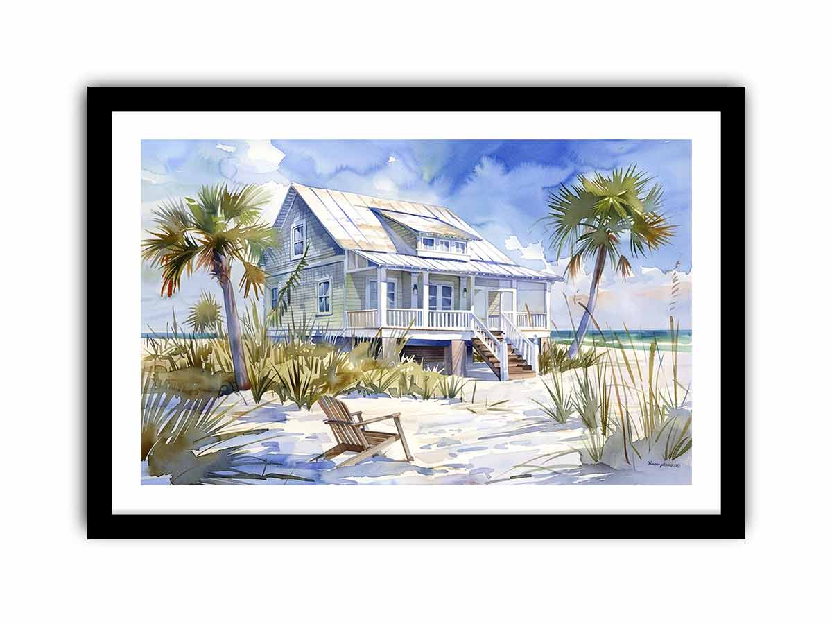 Watercolor beach house canvas art with palms for coastal living room decor.