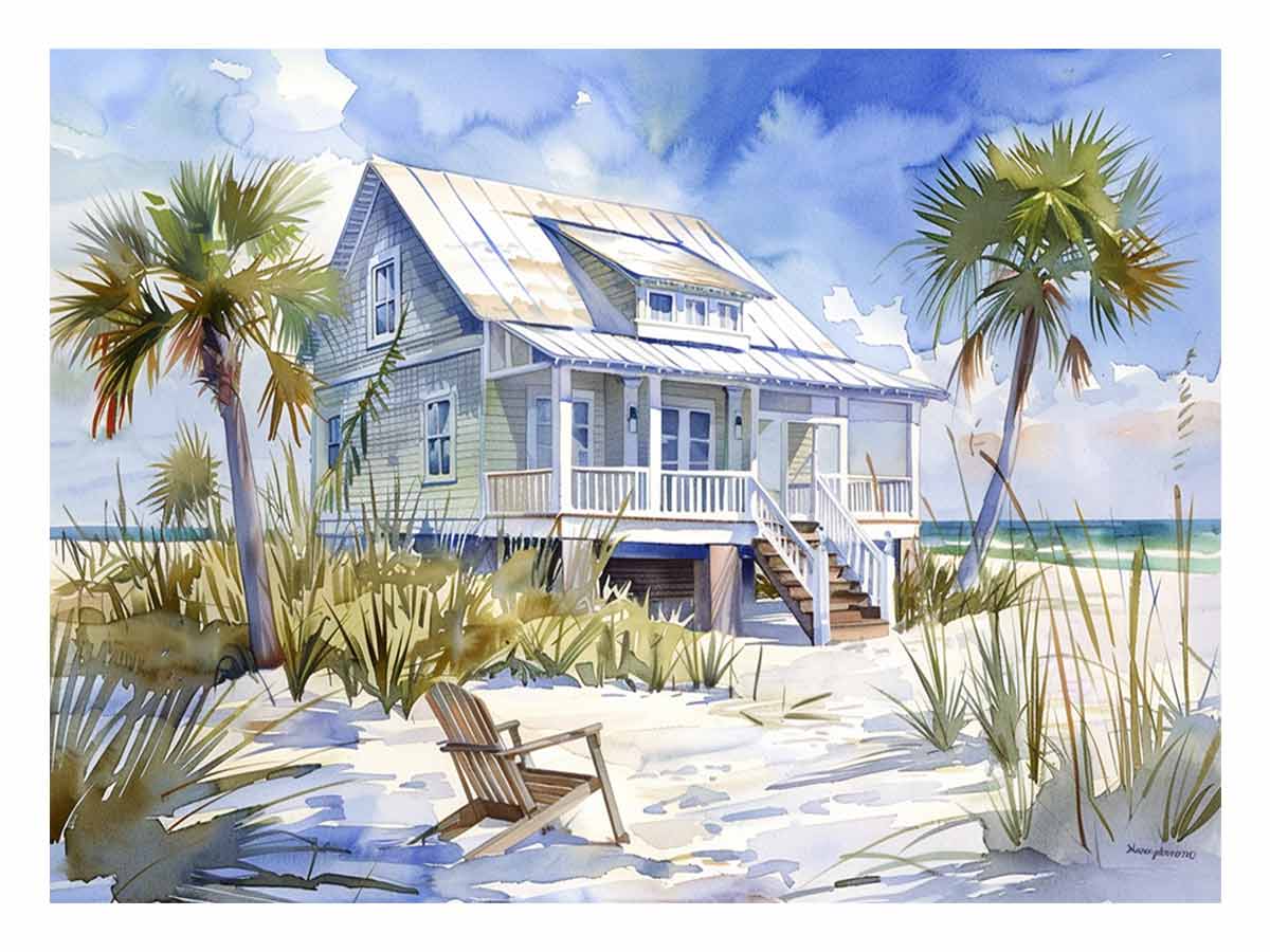 Watercolor beach house canvas art with palms for coastal living room decor.