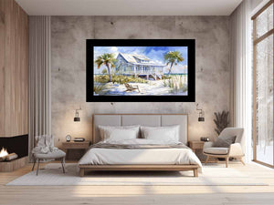 Watercolor beach house canvas art with palms for coastal living room decor.