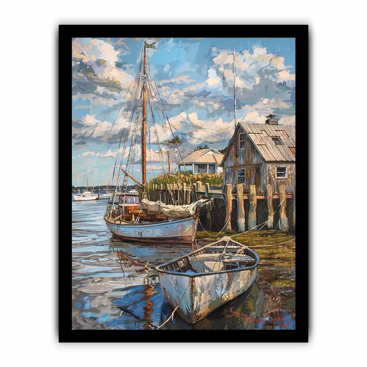 Coastal harbor sailboat canvas art with dock reflections for nautical wall decor.