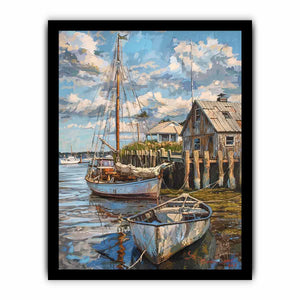 Coastal harbor sailboat canvas art with dock reflections for nautical wall decor.