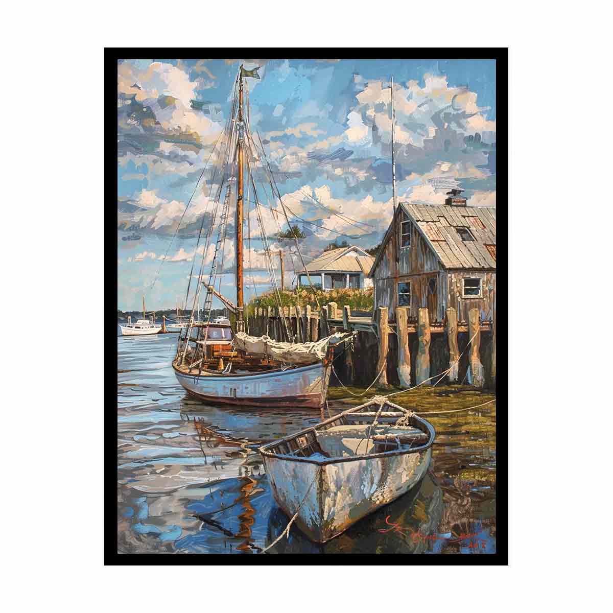 Coastal harbor sailboat canvas art with dock reflections for nautical wall decor.