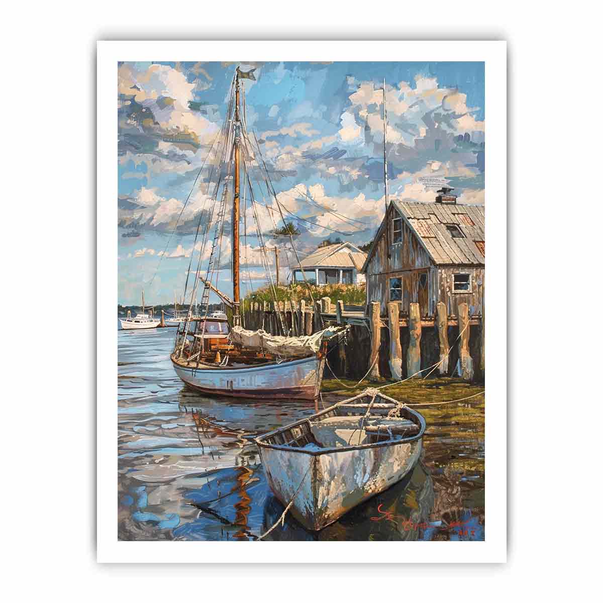 Coastal harbor sailboat canvas art with dock reflections for nautical wall decor.