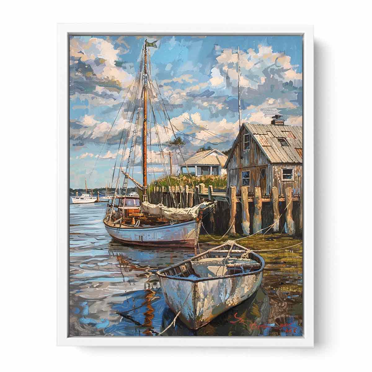 Coastal harbor sailboat canvas art with dock reflections for nautical wall decor.