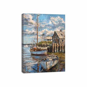 Coastal harbor sailboat canvas art with dock reflections for nautical wall decor.