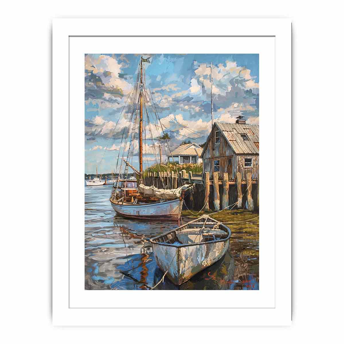 Coastal harbor sailboat canvas art with dock reflections for nautical wall decor.