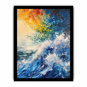 Abstract ocean wave canvas art in blue and orange for bold modern wall decor.
