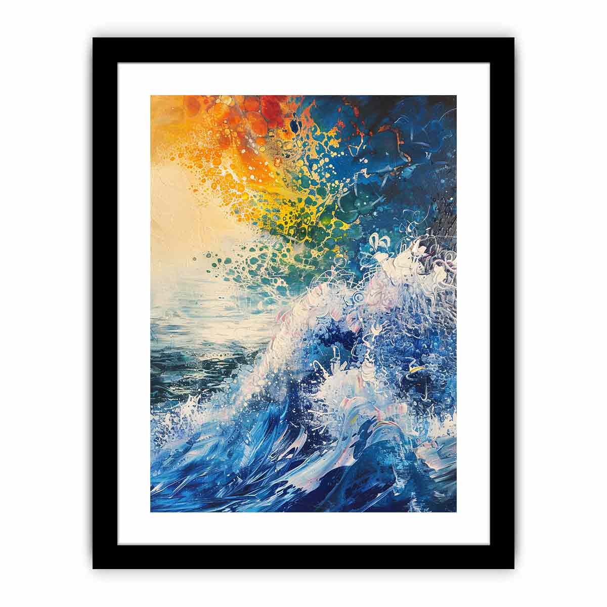 Abstract ocean wave canvas art in blue and orange for bold modern wall decor.