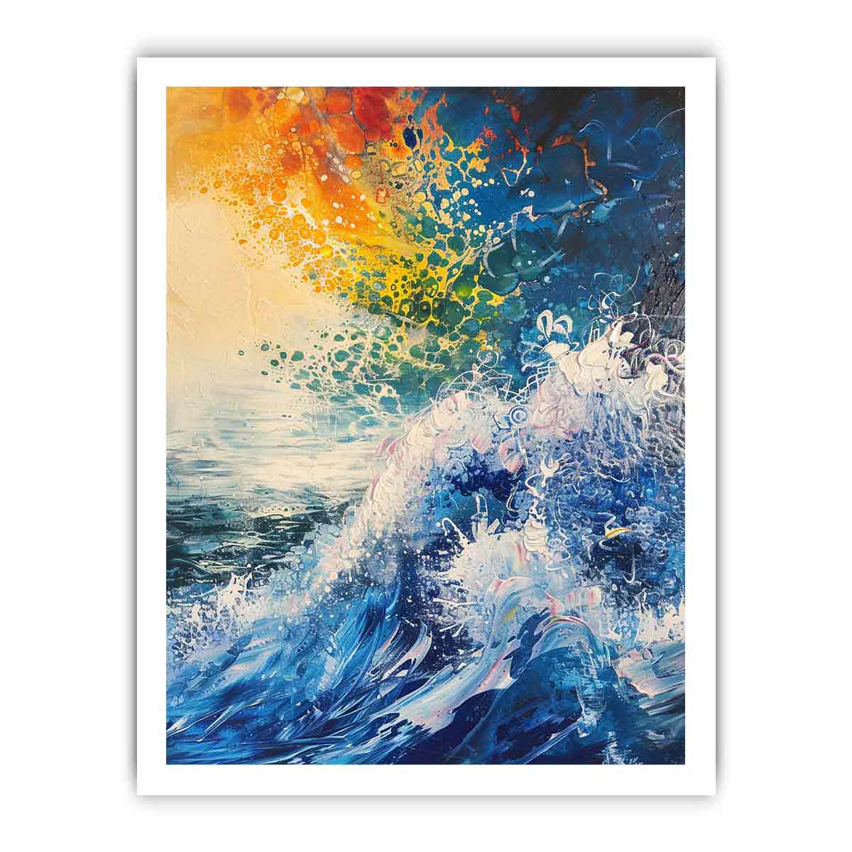 Abstract ocean wave canvas art in blue and orange for bold modern wall decor.