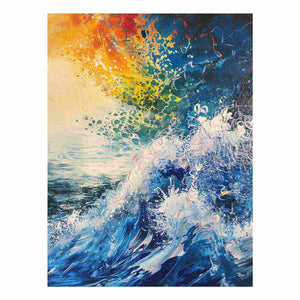 Abstract ocean wave canvas art in blue and orange for bold modern wall decor.