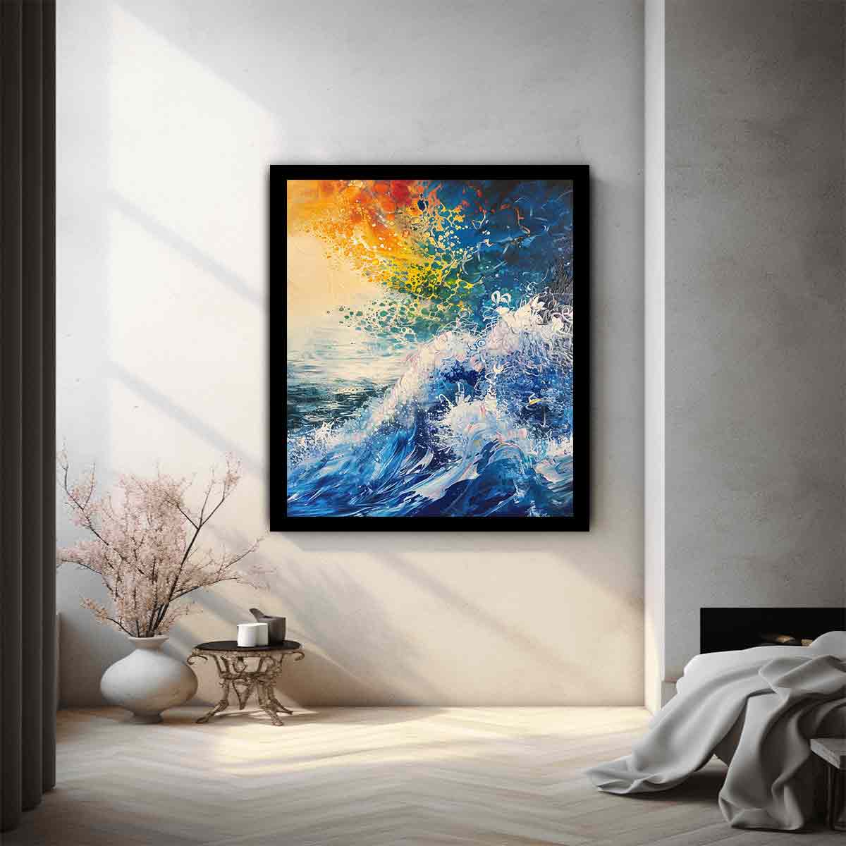 Abstract ocean wave canvas art in blue and orange for bold modern wall decor.