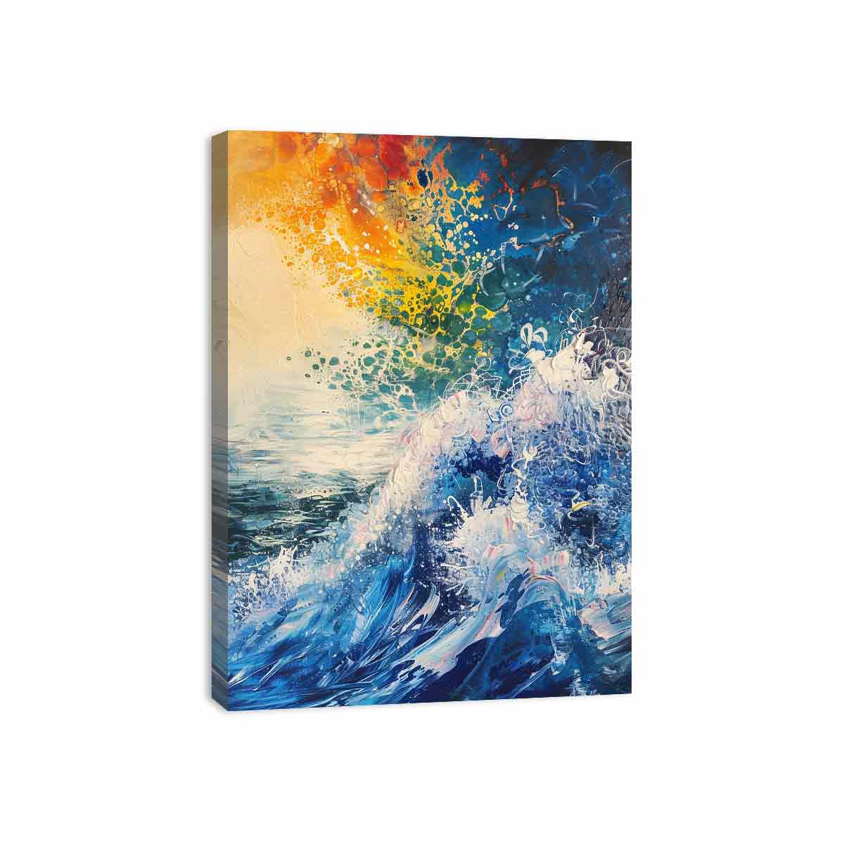 Abstract ocean wave canvas art in blue and orange for bold modern wall decor.