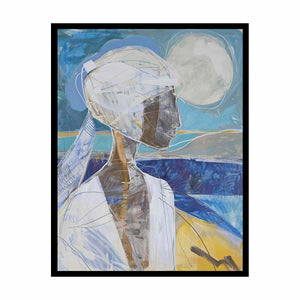 Modern abstract woman portrait canvas art with moon for elegant vertical wall decor.