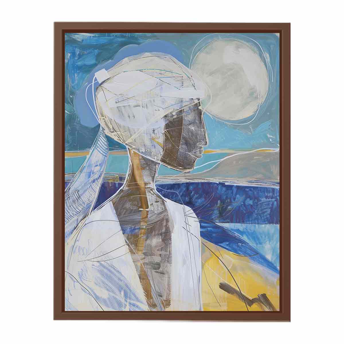 Modern abstract woman portrait canvas art with moon for elegant vertical wall decor.