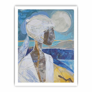 Modern abstract woman portrait canvas art with moon for elegant vertical wall decor.