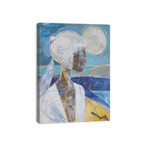 Modern abstract woman portrait canvas art with moon for elegant vertical wall decor.