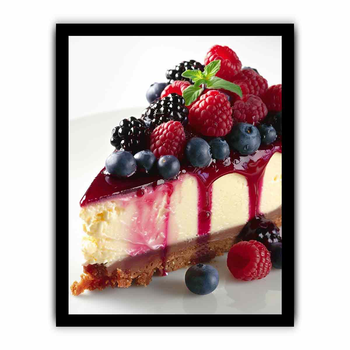 Berry cheesecake with raspberries and blueberries for elegant kitchen wall art.