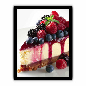 Berry cheesecake with raspberries and blueberries for elegant kitchen wall art.