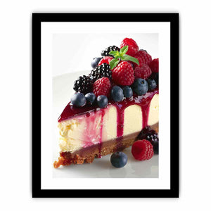 Berry cheesecake with raspberries and blueberries for elegant kitchen wall art.