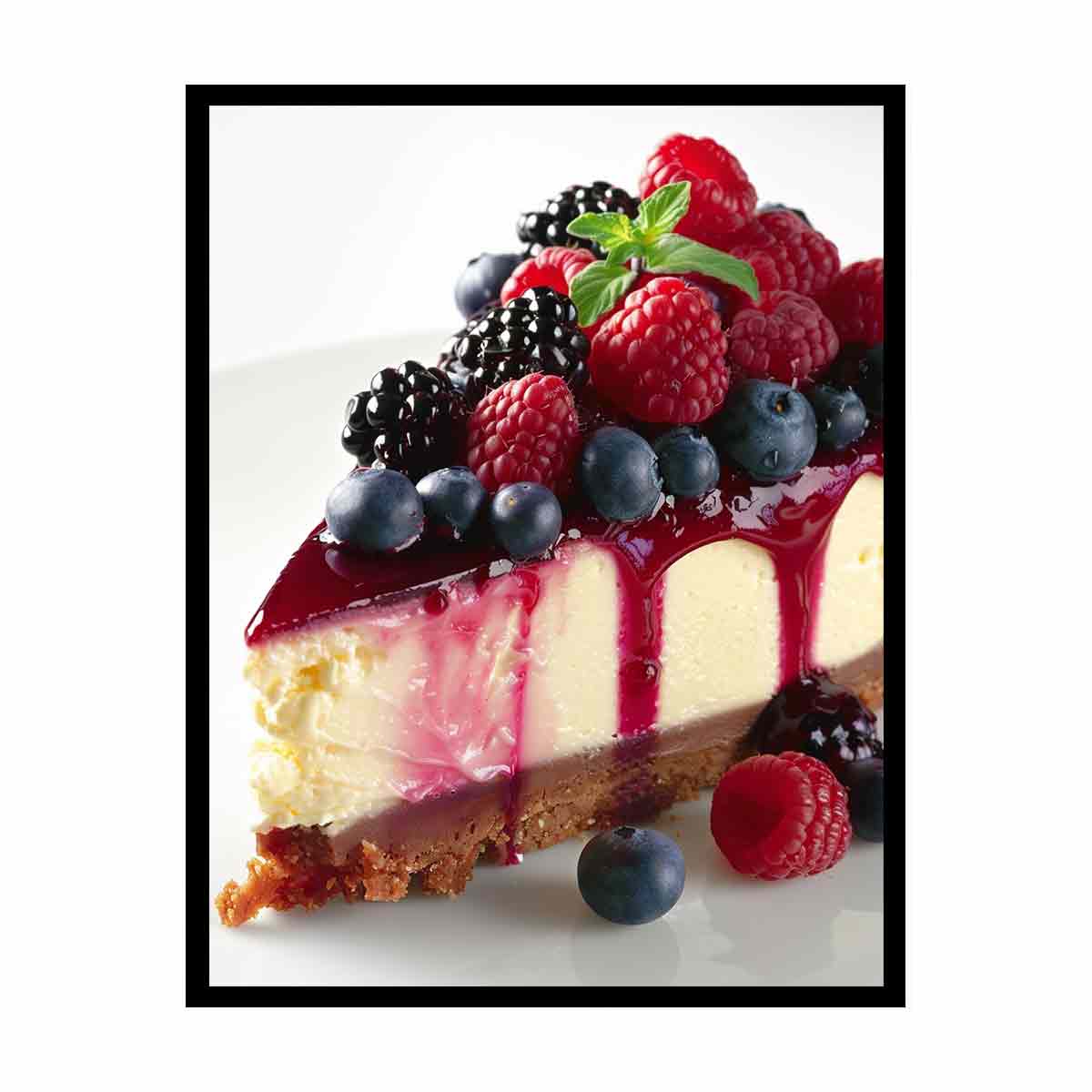 Berry cheesecake with raspberries and blueberries for elegant kitchen wall art.