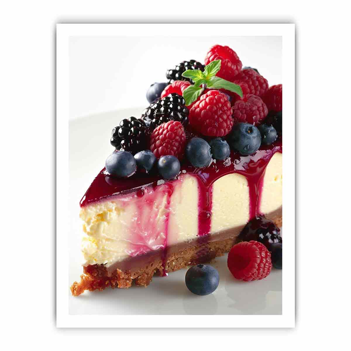 Berry cheesecake with raspberries and blueberries for elegant kitchen wall art.
