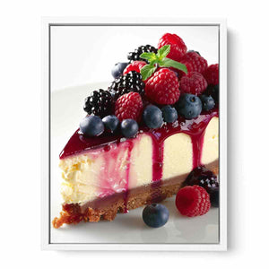 Berry cheesecake with raspberries and blueberries for elegant kitchen wall art.