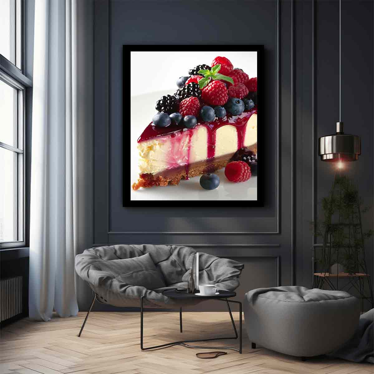 Berry cheesecake with raspberries and blueberries for elegant kitchen wall art.