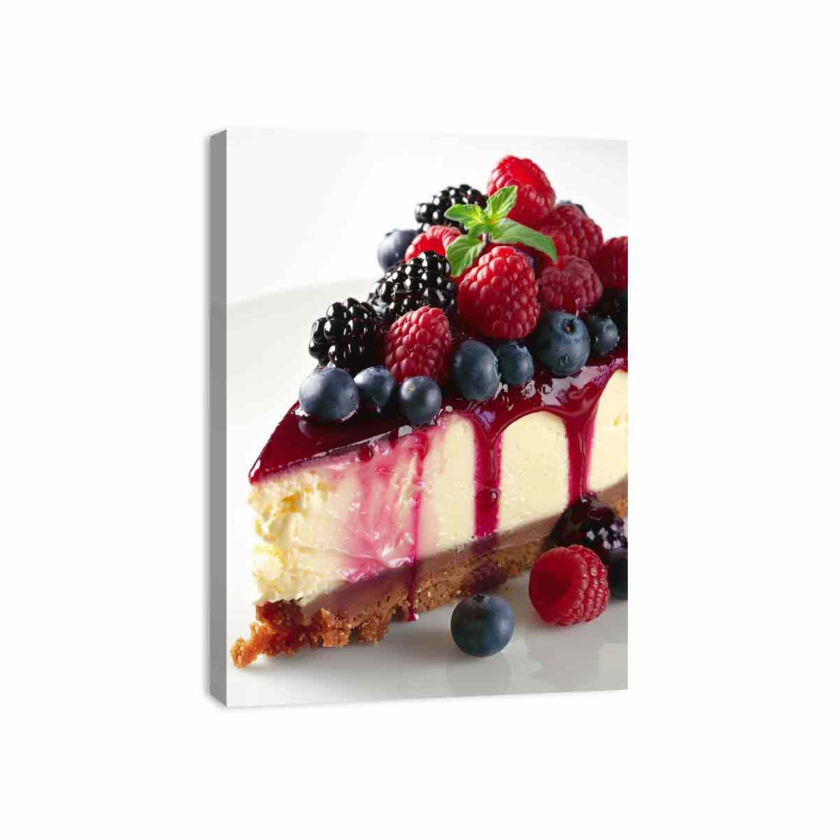 Berry cheesecake with raspberries and blueberries for elegant kitchen wall art.