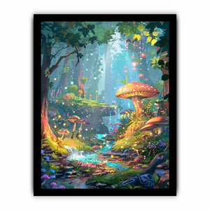 Fantasy mushroom forest with glowing stream for whimsical bedroom or nursery decor.