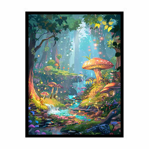 Fantasy mushroom forest with glowing stream for whimsical bedroom or nursery decor.