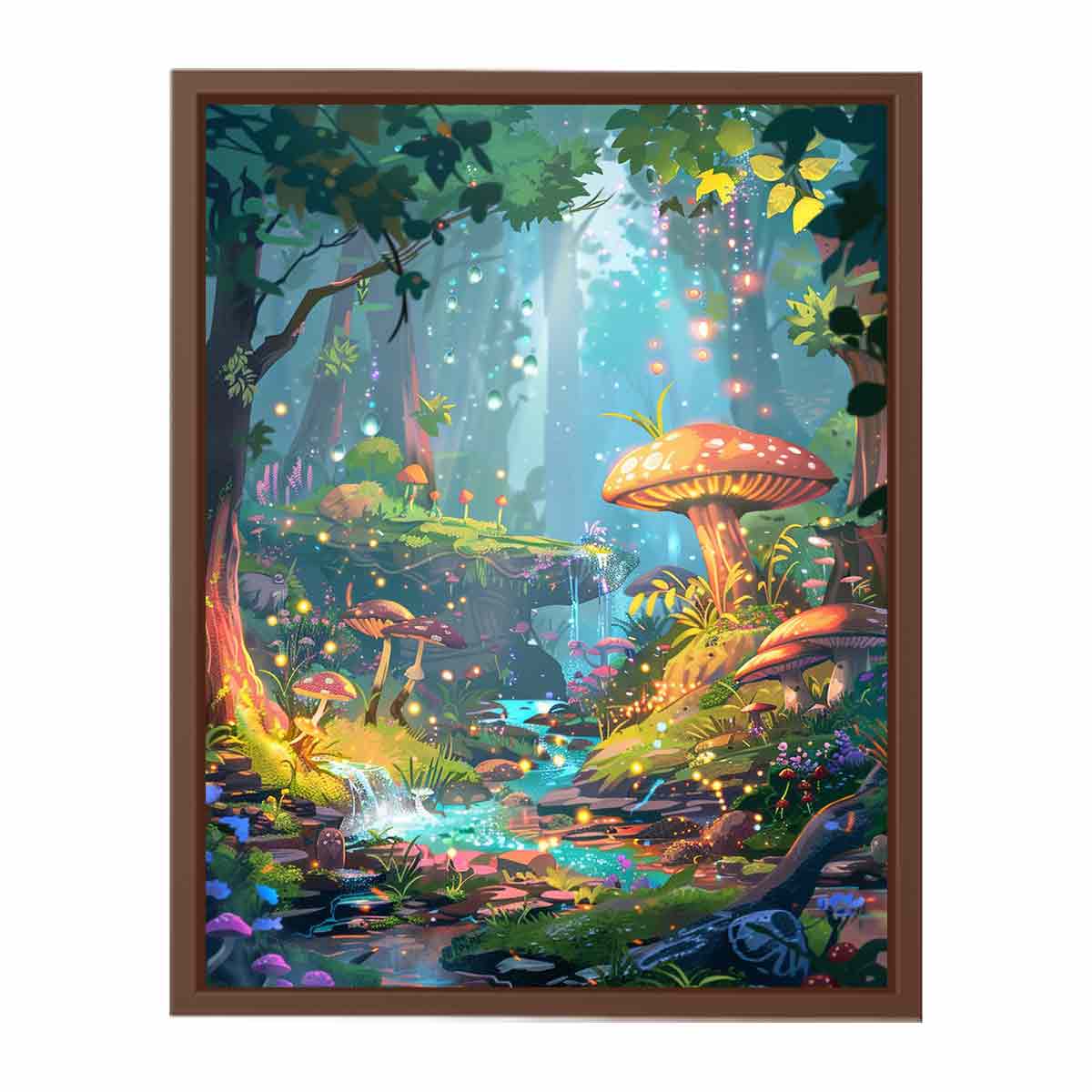 Fantasy mushroom forest with glowing stream for whimsical bedroom or nursery decor.