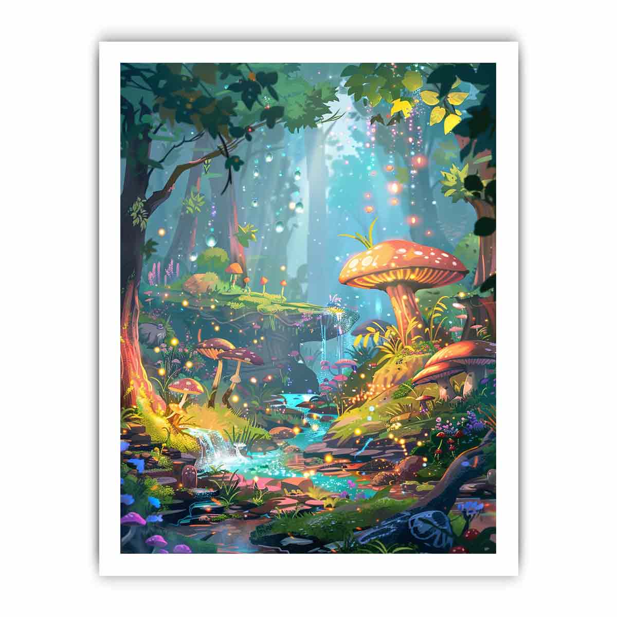 Fantasy mushroom forest with glowing stream for whimsical bedroom or nursery decor.