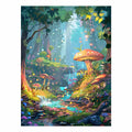Fantasy mushroom forest with glowing stream for whimsical bedroom or nursery decor.
