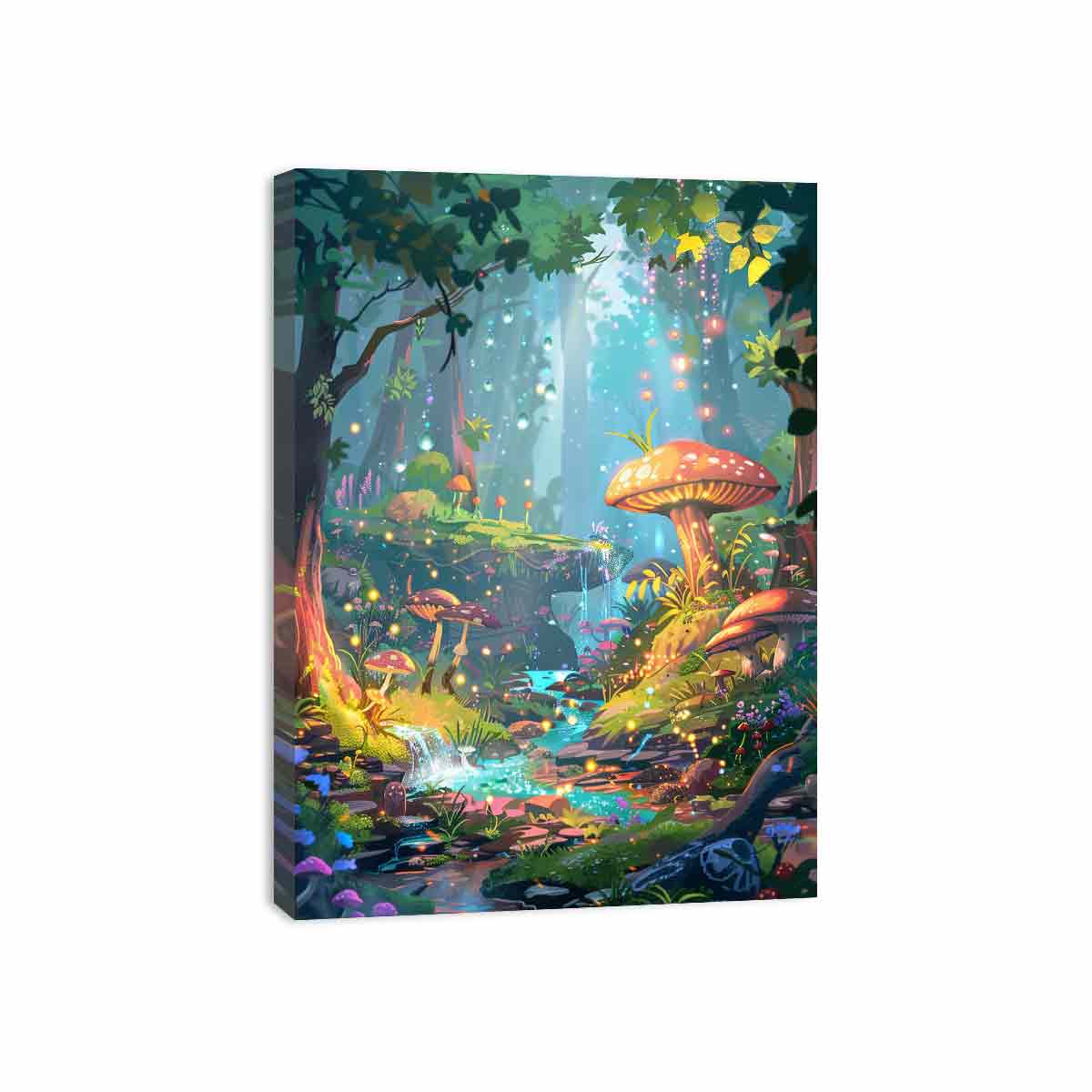 Fantasy mushroom forest with glowing stream for whimsical bedroom or nursery decor.