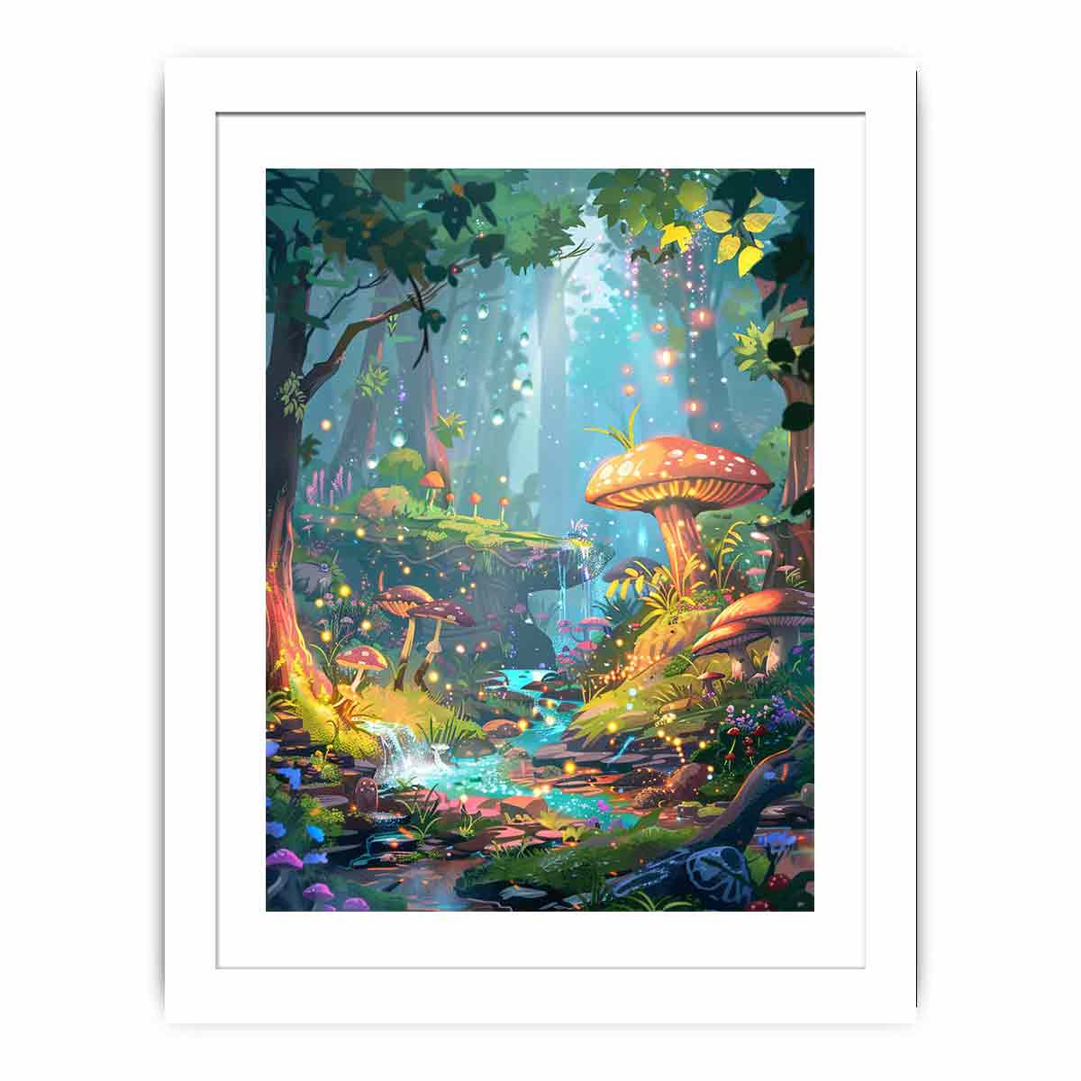 Fantasy mushroom forest with glowing stream for whimsical bedroom or nursery decor.