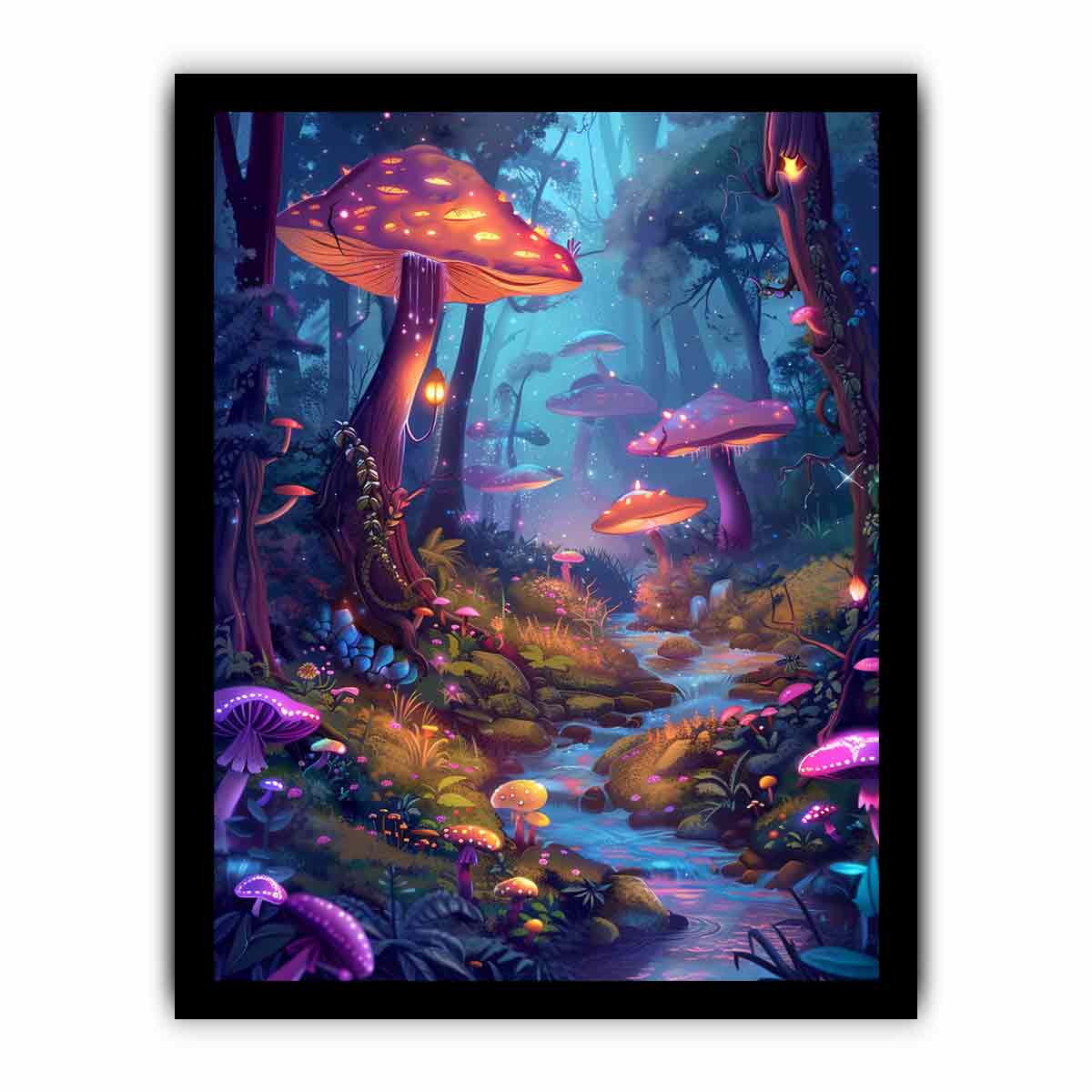 Moonlit fantasy mushroom forest with glowing stream for dreamy bedroom wall art.