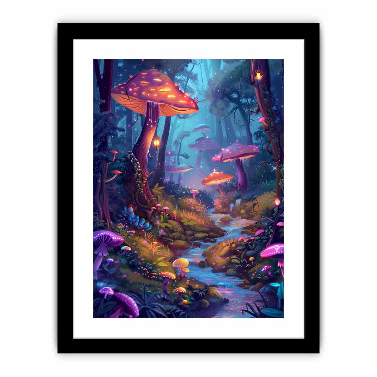 Moonlit fantasy mushroom forest with glowing stream for dreamy bedroom wall art.
