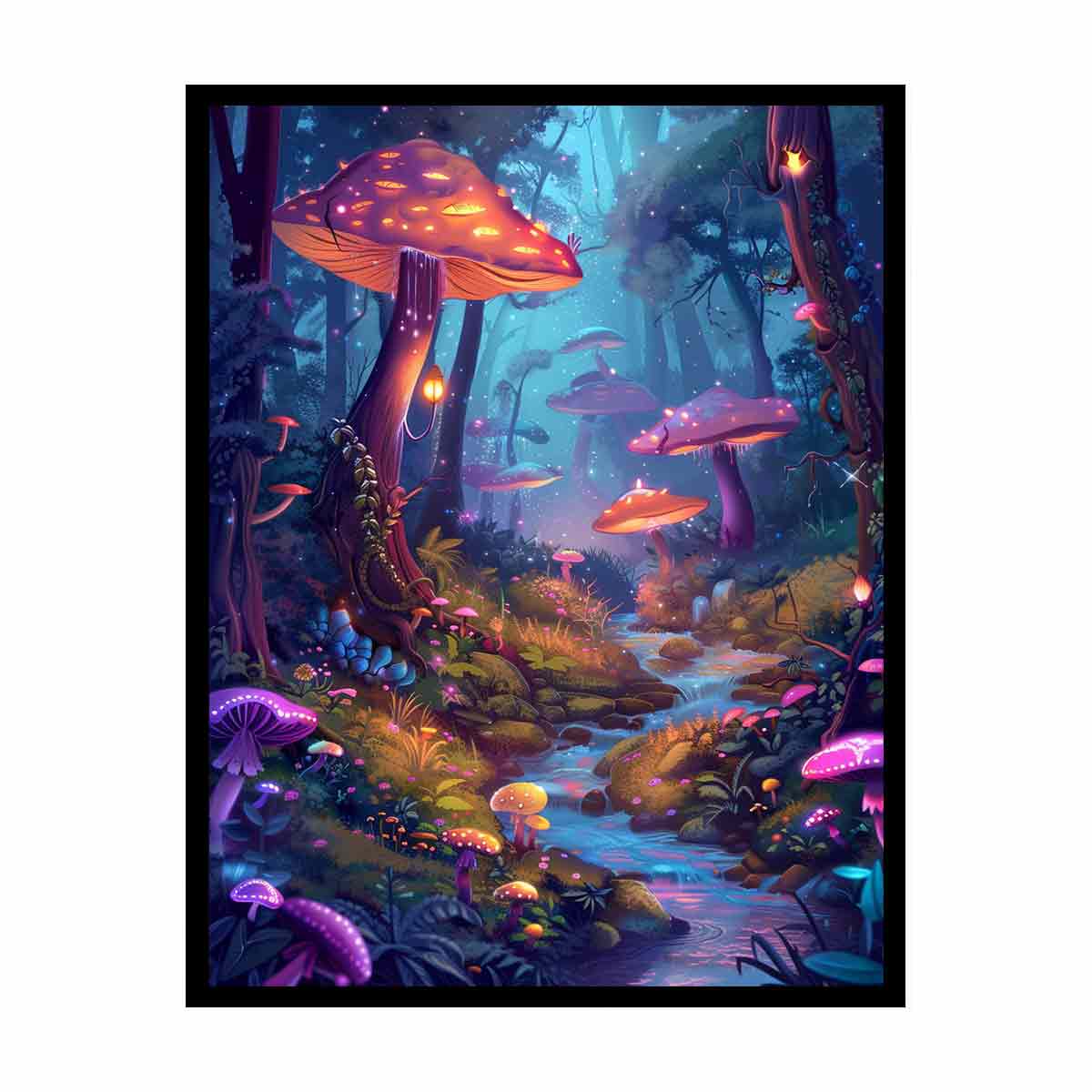 Moonlit fantasy mushroom forest with glowing stream for dreamy bedroom wall art.