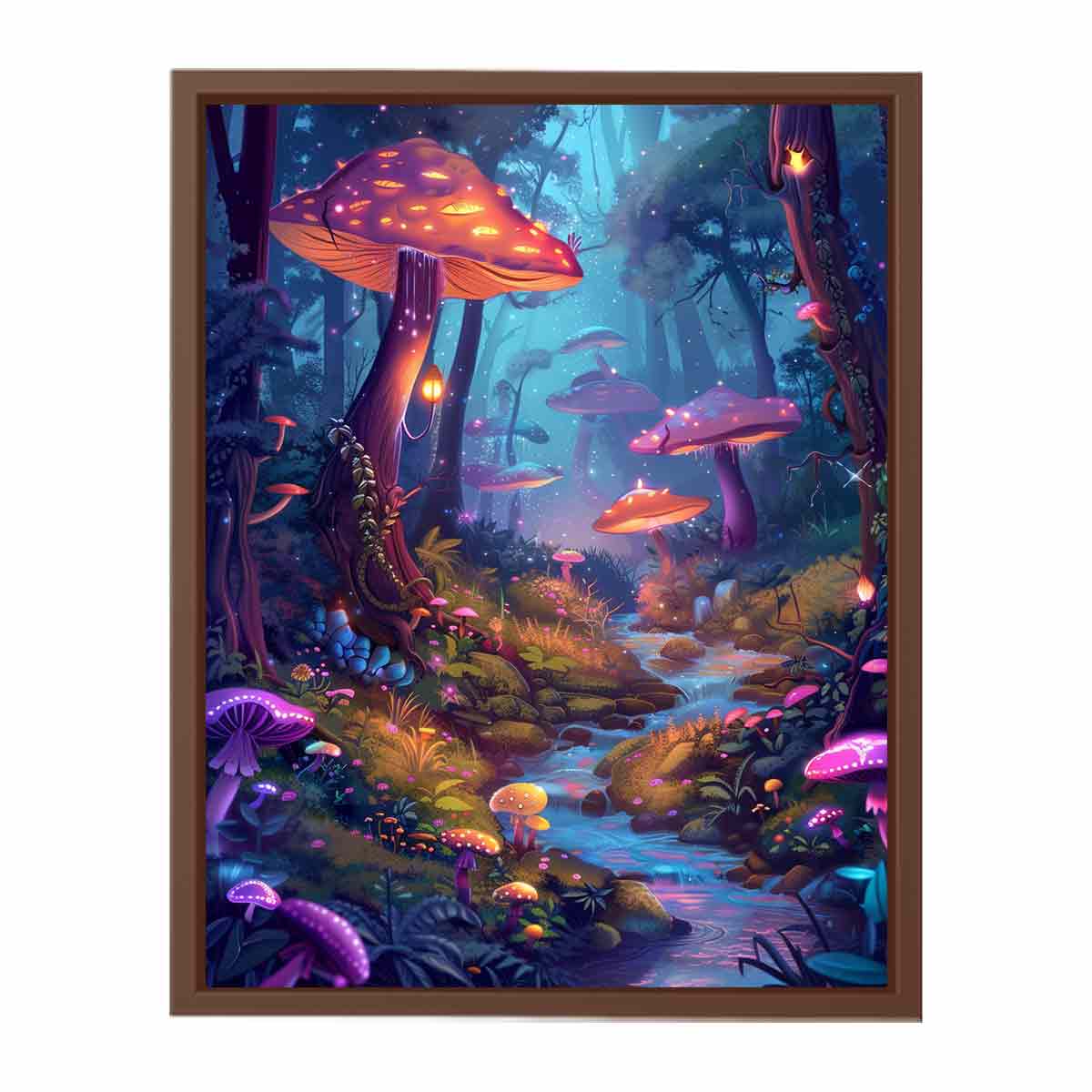 Moonlit fantasy mushroom forest with glowing stream for dreamy bedroom wall art.