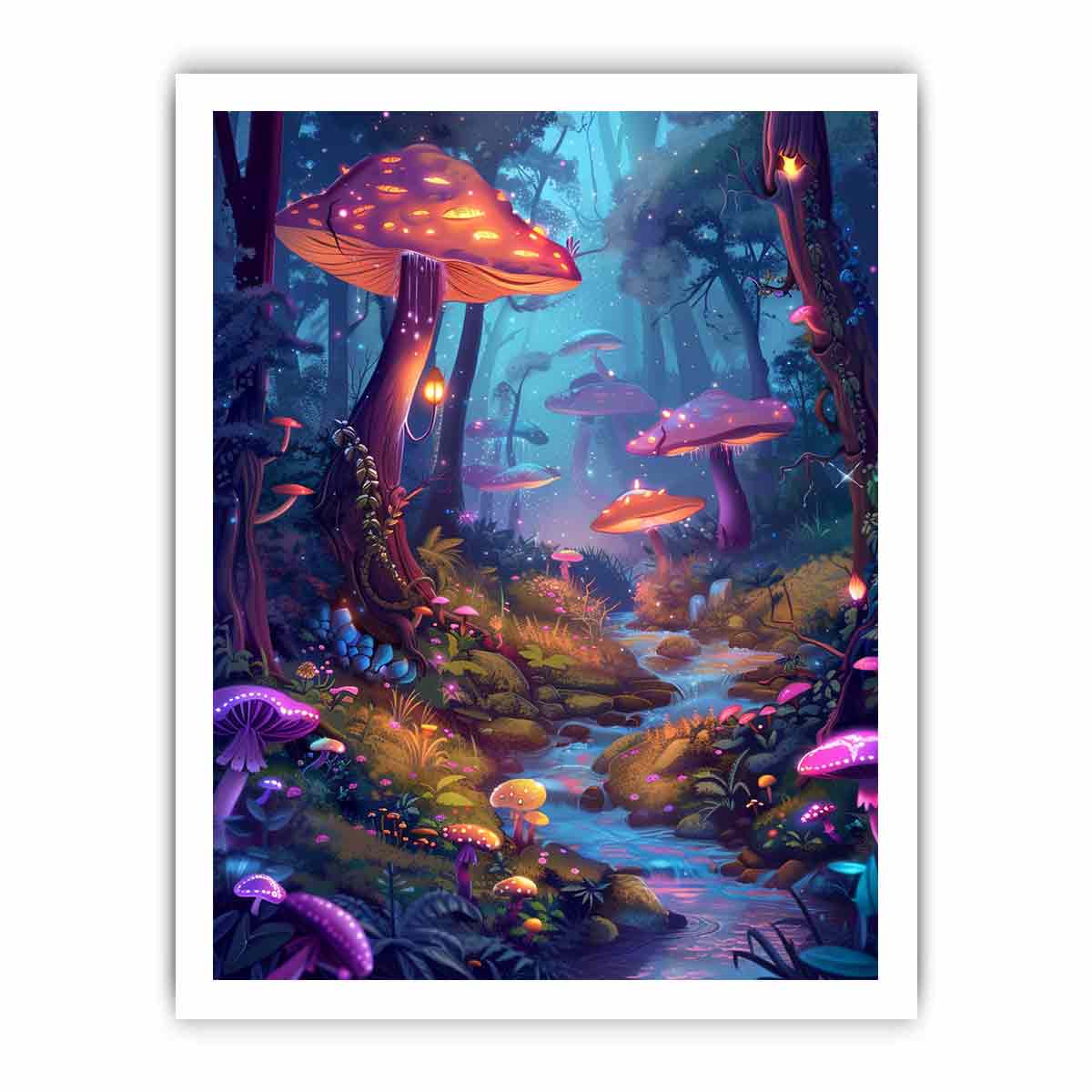 Moonlit fantasy mushroom forest with glowing stream for dreamy bedroom wall art.