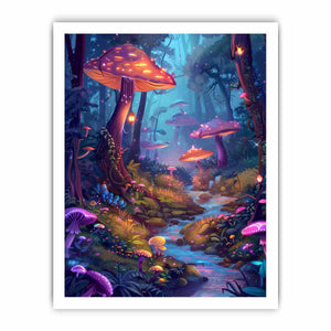 Moonlit fantasy mushroom forest with glowing stream for dreamy bedroom wall art.