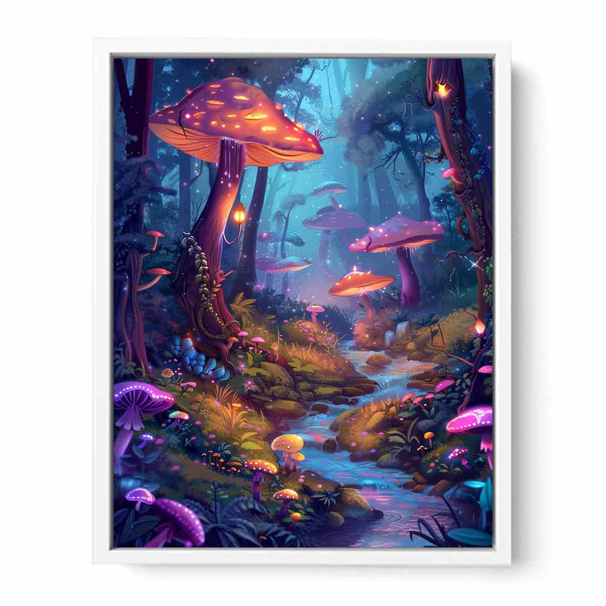 Moonlit fantasy mushroom forest with glowing stream for dreamy bedroom wall art.