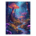 Moonlit fantasy mushroom forest with glowing stream for dreamy bedroom wall art.