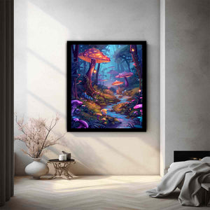 Moonlit fantasy mushroom forest with glowing stream for dreamy bedroom wall art.