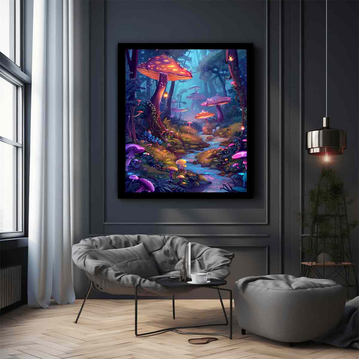 Moonlit fantasy mushroom forest with glowing stream for dreamy bedroom wall art.